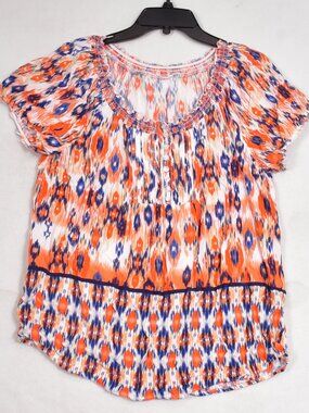 Women's Orange Blue Blouse Rayon Short Sleeve Size Large